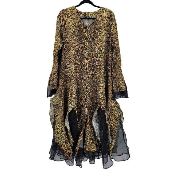 Jerry T Crinkle Stretch Handkerchief Midi Dress 2X Gold Black Leopard Witchy - Picture 5 of 13